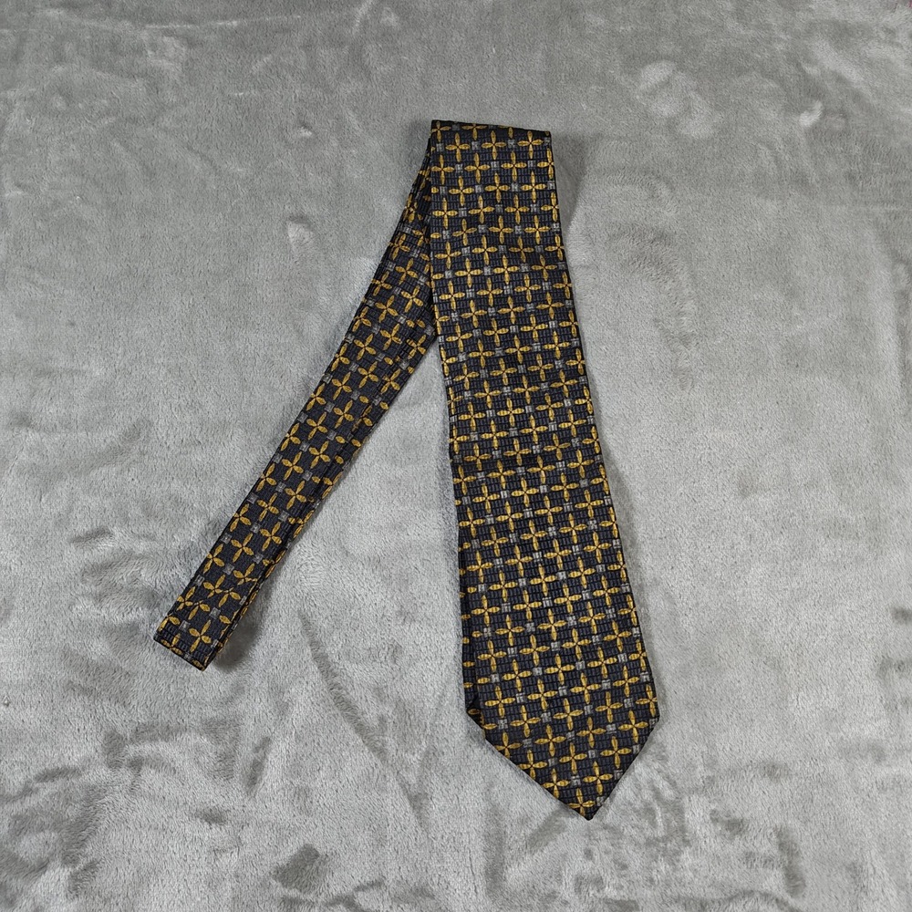 Vintage Ermenegildo Zegna Tie Men 57x3.75 Black Gold Geometric Silk Italy